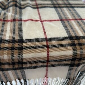 100% Cashmere Black Tan Red Cream plaid scarf  with fringe made in Scotland